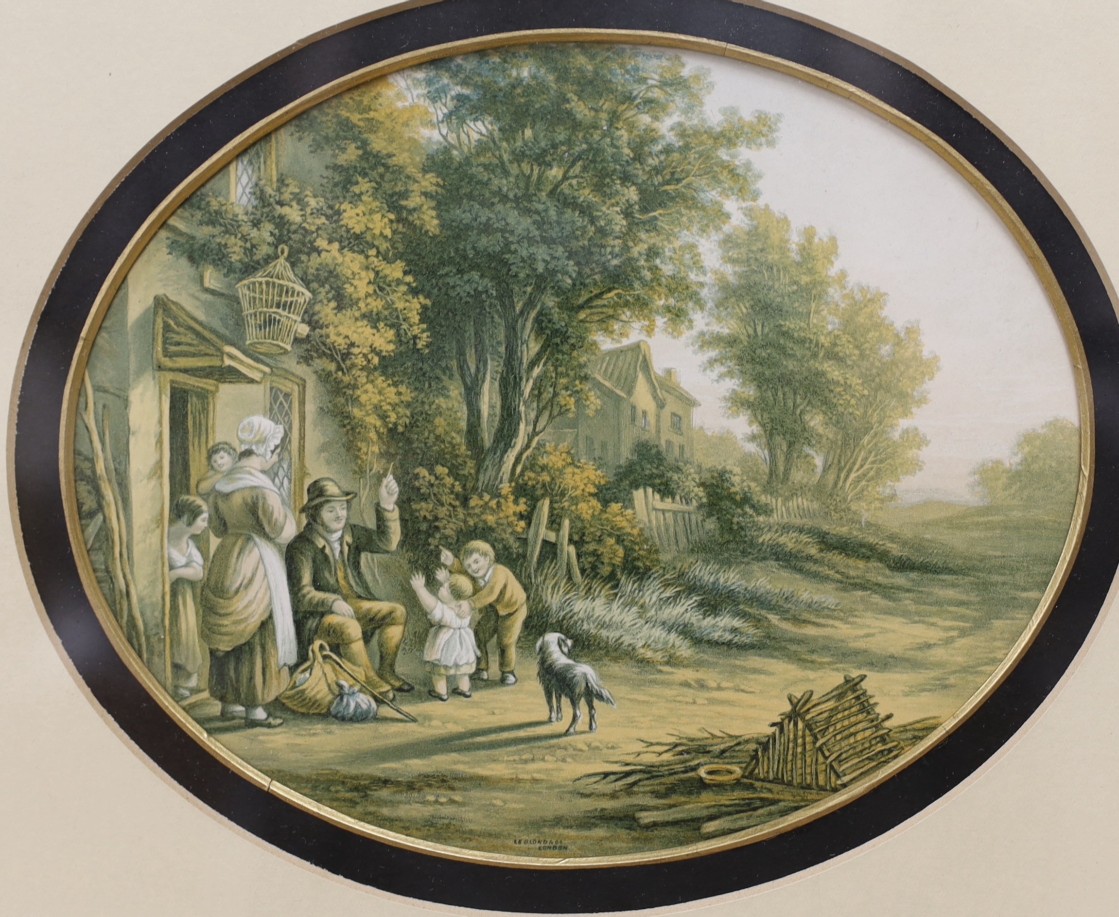 A group of assorted colour prints including shooting and coaching scenes, a Morden map of East Riding, Yorkshire, a reprint road map and eight oval prints after Baxter